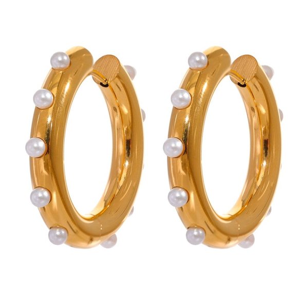 Vintage 18K Gold Hoop Earrings With Imitation Pearls - Picture 3 of 13